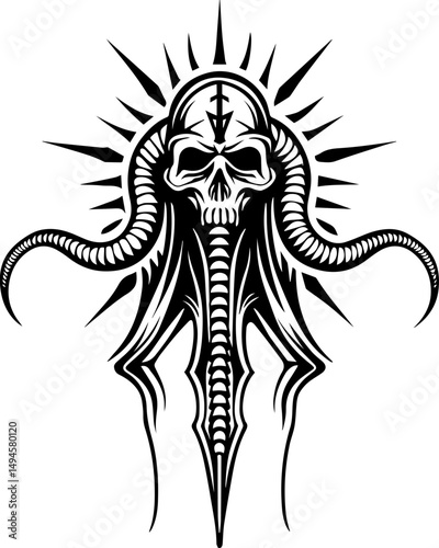 SVG skull tattoo featuring cyber mechanic elements in detailed vector style. Intricate Skull Design with Tentacles and Sharp Spikes Art