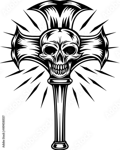 SVG skull tattoo featuring cyber mechanic elements in detailed vector style. Skull and Cross Design with Radiating Spikes for Bold Artwork