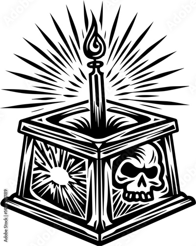 SVG skull tattoo featuring cyber mechanic elements in detailed vector style. Intricate Black and White Vintage Design with Skull and Candle