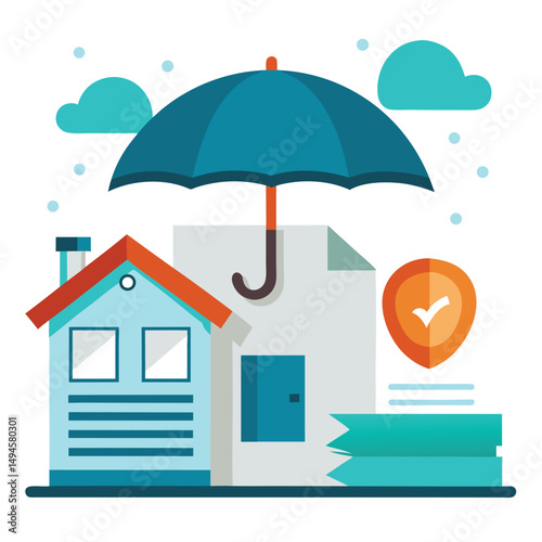 House property insurance, house and insurance document under umbrella vector illustration.