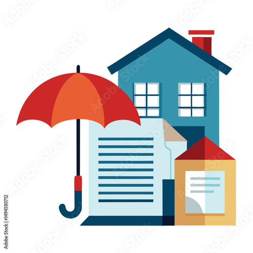 House property insurance, house and insurance document under umbrella vector illustration.
