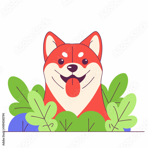 Happy shiba inu dog peeking from behind green plants isolated on transparent background
