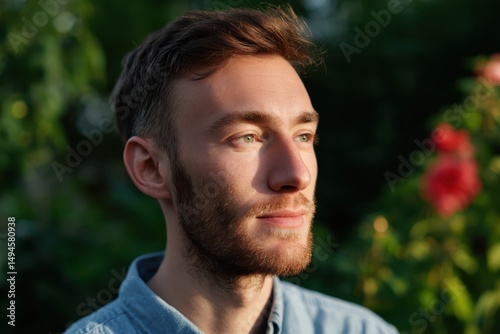 A freelancer in garden, natural light professional photo on white background