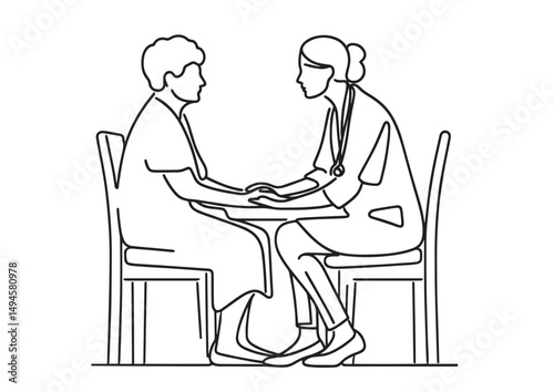 the doctor is counseling the old patient vector illustration simple one line drawing