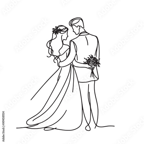 bride and groom wedding  couple  vector illustration simple one line drawing