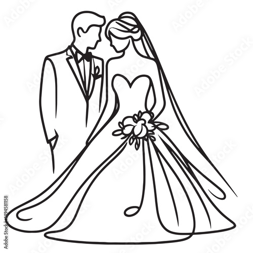 bride and groom wedding  couple  vector illustration simple one line drawing