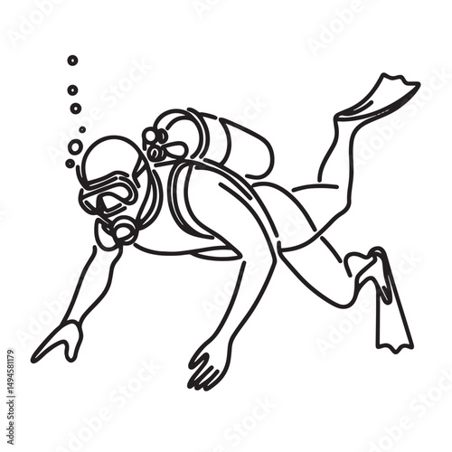 man scuba diver vector illustration simple one line drawing