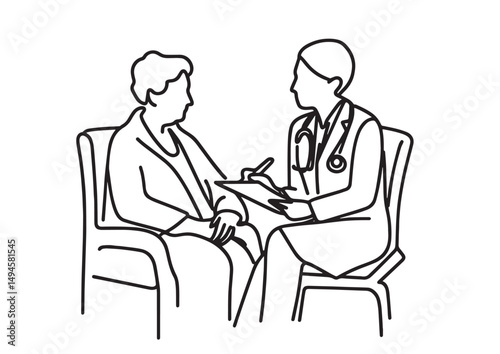 the doctor is counseling the old woman patient vector illustration  simple one line drawing
