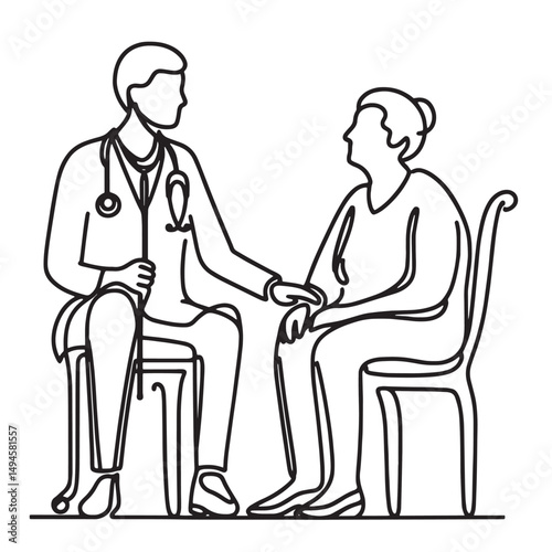 the doctor is counseling the old woman patient vector illustration  simple one line drawing