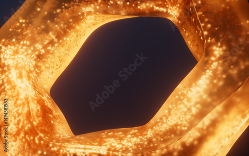 Fototapeta Naklejka Na Ścianę i Meble -  Golden glowing particles in glass geometry, 3d rendering.