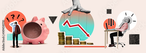 Creative collage including various elements: financier near empty piggy bank, descending financial chart, sad manager near laptop.