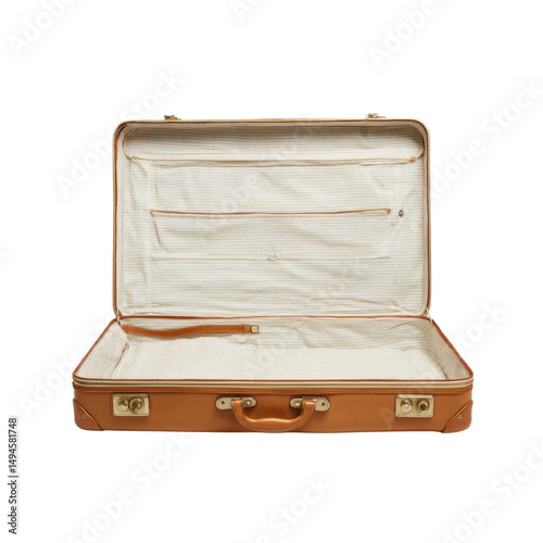 An open, vintage leather suitcase with a striped interior lining, brass hardware, and a handle lies empty on a white background ready for packing travel goods.