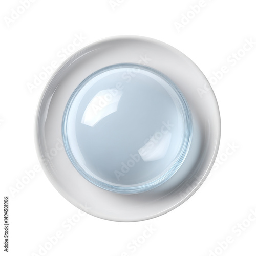 An overhead view shows a clear glass dome with a blue tint resting on a glossy white surface, creating a soft, minimalist and modern aesthetic appeal.