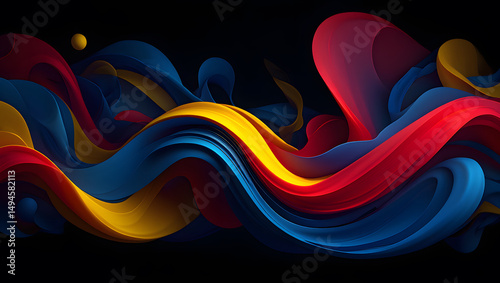 Abstract Flowing Ribbons of Color on Dark Backdrop: Dynamic Red, Yellow, and Blue Waves Create a Modern, Bold, and Vibrant Background Art Design