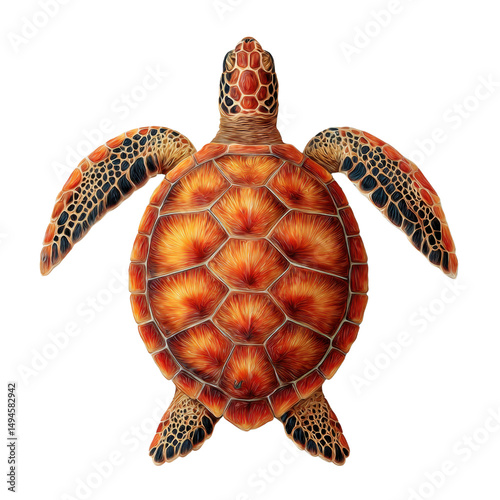 An exquisitely detailed digital illustration showcases a hawksbill sea turtle with vibrant orange and brown markings, captured against a pristine white background.
