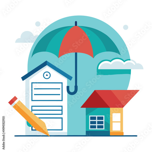 House property insurance, house and insurance document under umbrella vector illustration.