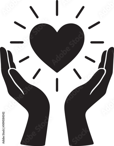 Silhouette of hands holding a glowing heart, symbolizing love, care, compassion, warmth, healing, and positive energy in a minimalist style.