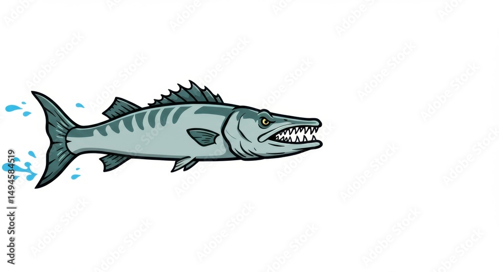 Fototapeta premium A fierce Barracuda Fish illustration, swimming swiftly through the water, its sharp teeth visible, a powerful predator of the ocean depths