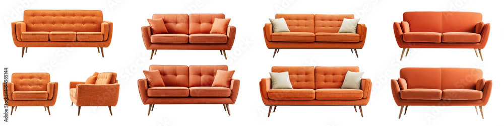 Fototapeta premium Elegant and modern orange sofas and armchairs for a comfortable living room long title A selection of stylish and comfortable orange