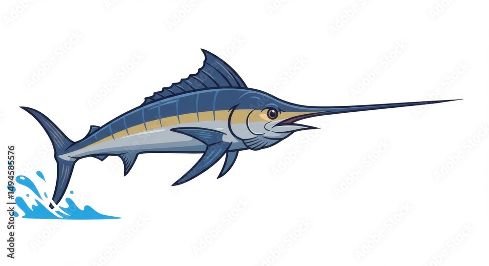 Fototapeta premium Striped Marlin Leaping from Ocean Water: A Vibrant Illustration of Marine Life