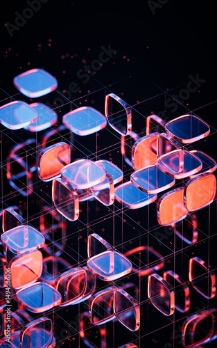 Fototapeta Naklejka Na Ścianę i Meble -  Abstract neon glass geometry cubes, 3d rendering.