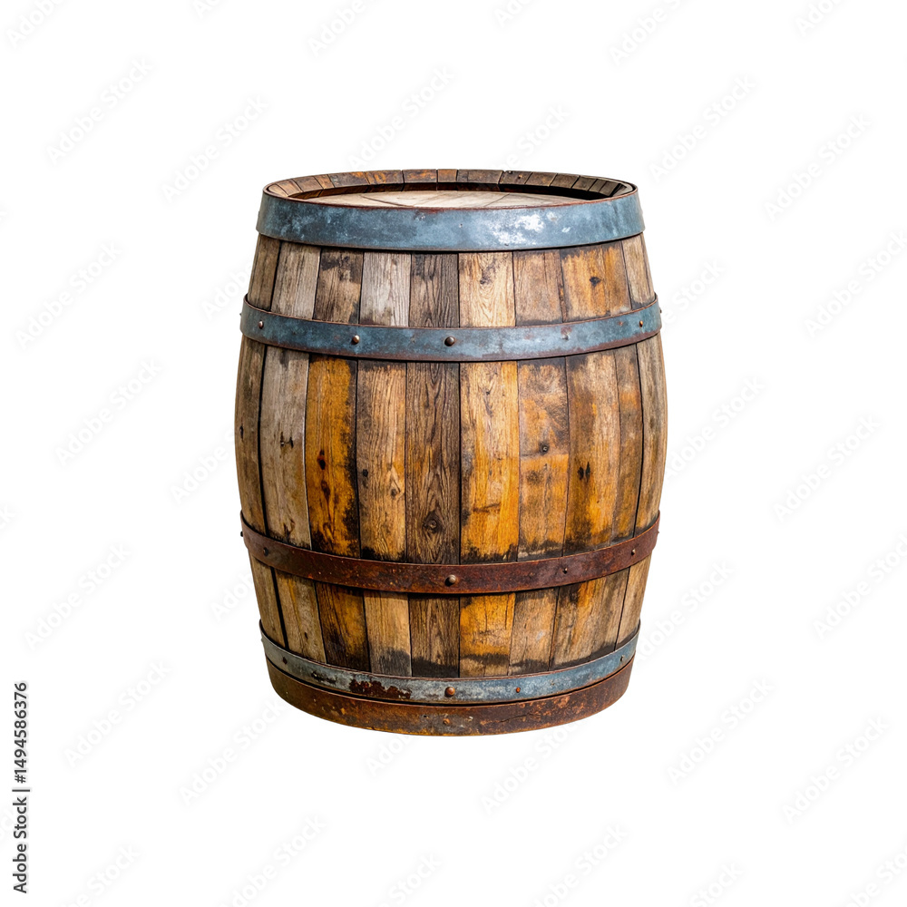 Fototapeta premium Old isolated wooden barrel, a vintage container of oak wood for wine or beer storage, on white