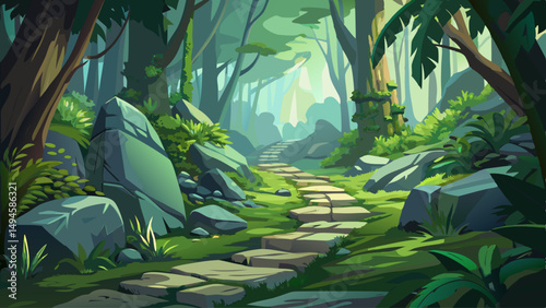 A narrow path of stones cloaked in moss leads into the heart of the misty jungle