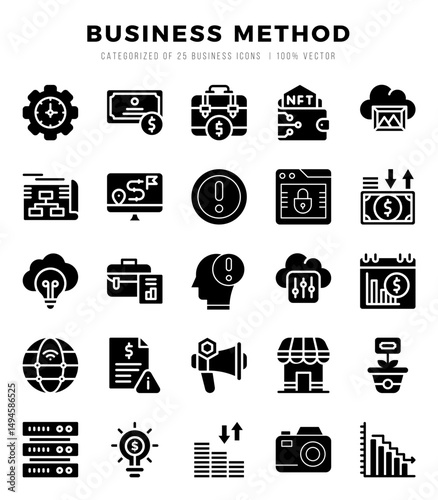 Set of simple Glyph Business Method Icons. Glyph art icons pack.