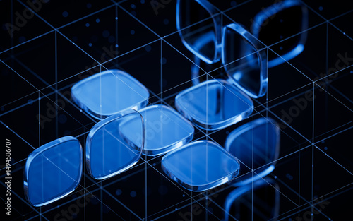 Abstract blue glass geometry cubes, 3d rendering.