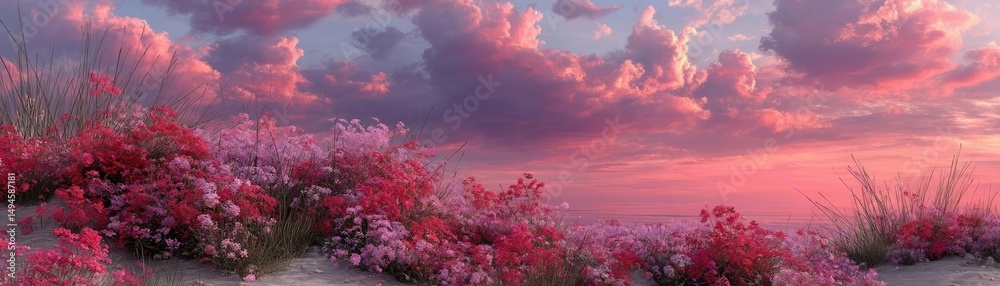 Fototapeta premium Blooming flowers in meadow under mystical vibrant tropical sky concept. Vibrant sunset over blooming flowers in a serene landscape.