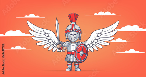 Vector cartoon toy roman comical standing soldier infantryman angel with white wings, sword and shield. Toon armor, helmet and cuirass. Red sky and clouds