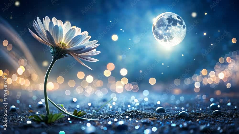 A mesmerizing view of a glowing flower under a full moon at night with bokeh effect