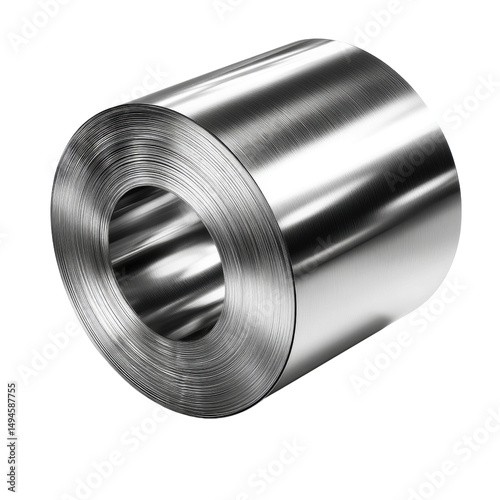 Shiny rolled sheet metal coil reflects light, showcasing its smooth surface and metallic texture, isolated on a clean white background in a studio shot perfectly.