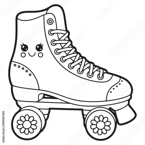 Cute Groovy Summer Line Art of a Roller Skate with a Smiling Face and Flower Wheels