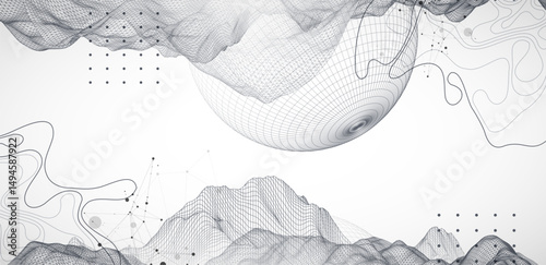 The abstract wave is made in a frame style. Template for science and technology presentation. Sphere art. Vector.