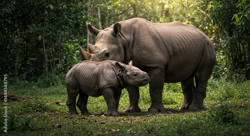Naklejka premium Rhinoceros Mother and Calf in Lush Tropical Forest
