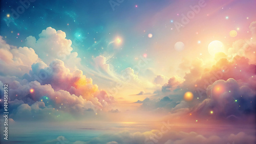 Dreamy sky above calming water features soft clouds and twinkling starlight, a serene scene