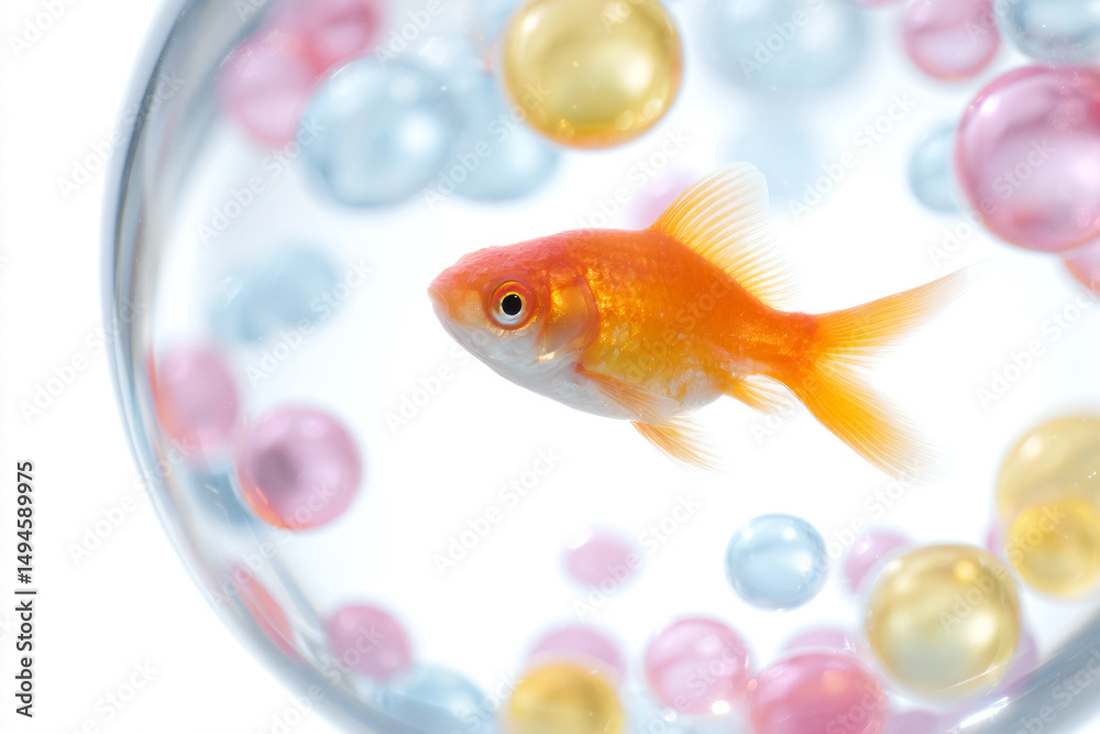 Fototapeta premium a goldfish in a bowl of water with bubbles
