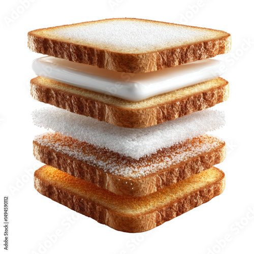 An abstract and conceptual still life of a sugar sandwich showcases layers of toast and refined sugar, demonstrating unhealthy eating on an isolated white background.