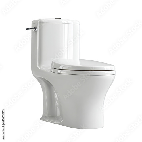 A modern white ceramic toilet with a closed lid and chrome handle stands against a plain white backdrop, ready for installation in a contemporary bathroom.