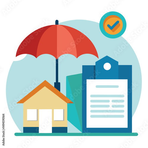 House property insurance, house and insurance document under umbrella vector illustration.