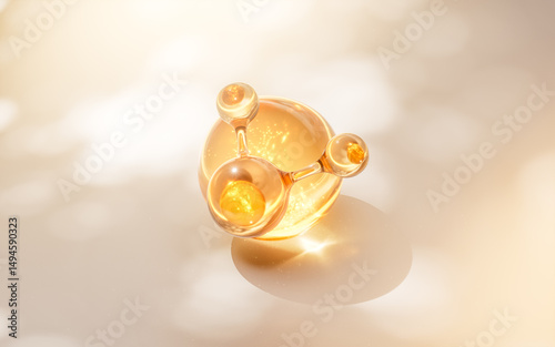 Biological golden molecule with bubble background, 3d rendering.
