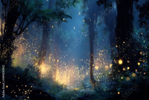 Enchanting Forest Scene with Glowing Fireflies and Mystical Light in a Lush Green Environment at Dusk