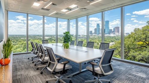 Bright conference room with city view, table and chairs