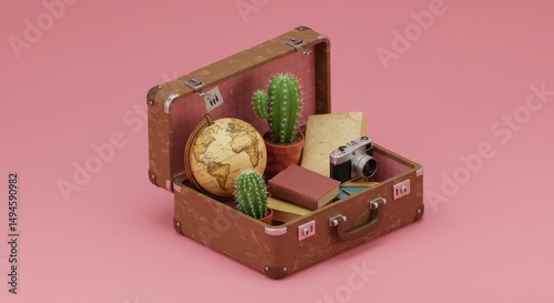 Vintage suitcase with globe, camera, and cactus on pink background  