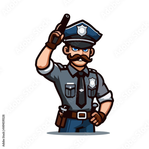 Cute Vector Police Mascot Character Man Cartoon Illustration with Security Badge Weapon Cop Uniform Standing Pose for Community Logo Avatar Game Hero Icon Clipart Merchandise Design Art