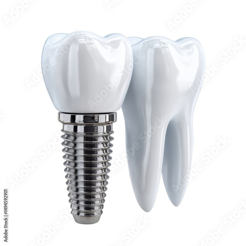 An isolated, detailed rende presents a dental implant next to a natural tooth on a clean white background, highlighting modern dentistry concepts and oral health care.