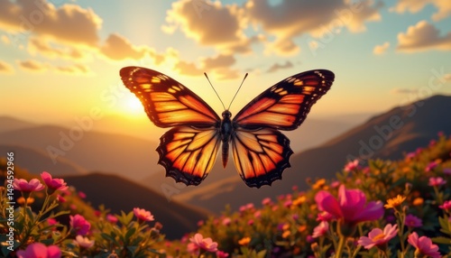 Orange Butterfly Soaring Above Pink Flowers at Sunset in Mountain Landscape
