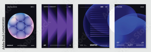 Modern gradient poster background vector set. Cover template with vibrant perspective geometric prism shapes. Ideal design for social media, cover, banner, flyer.