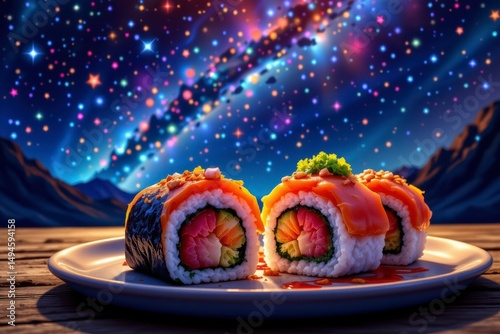 Two Salmon Sushi Rolls on a Plate Against a Night Sky with Mountains